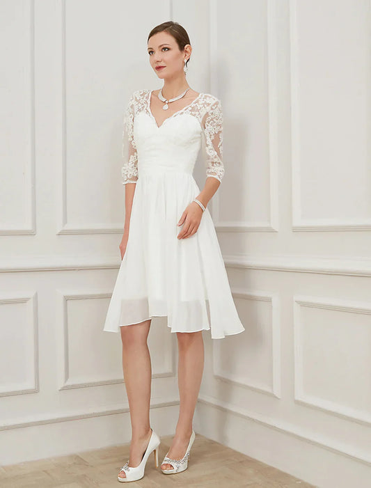 Elegant White A-Line V-Neck Classic-Sleeve Classic-Back Knee-Length Wedding Dress