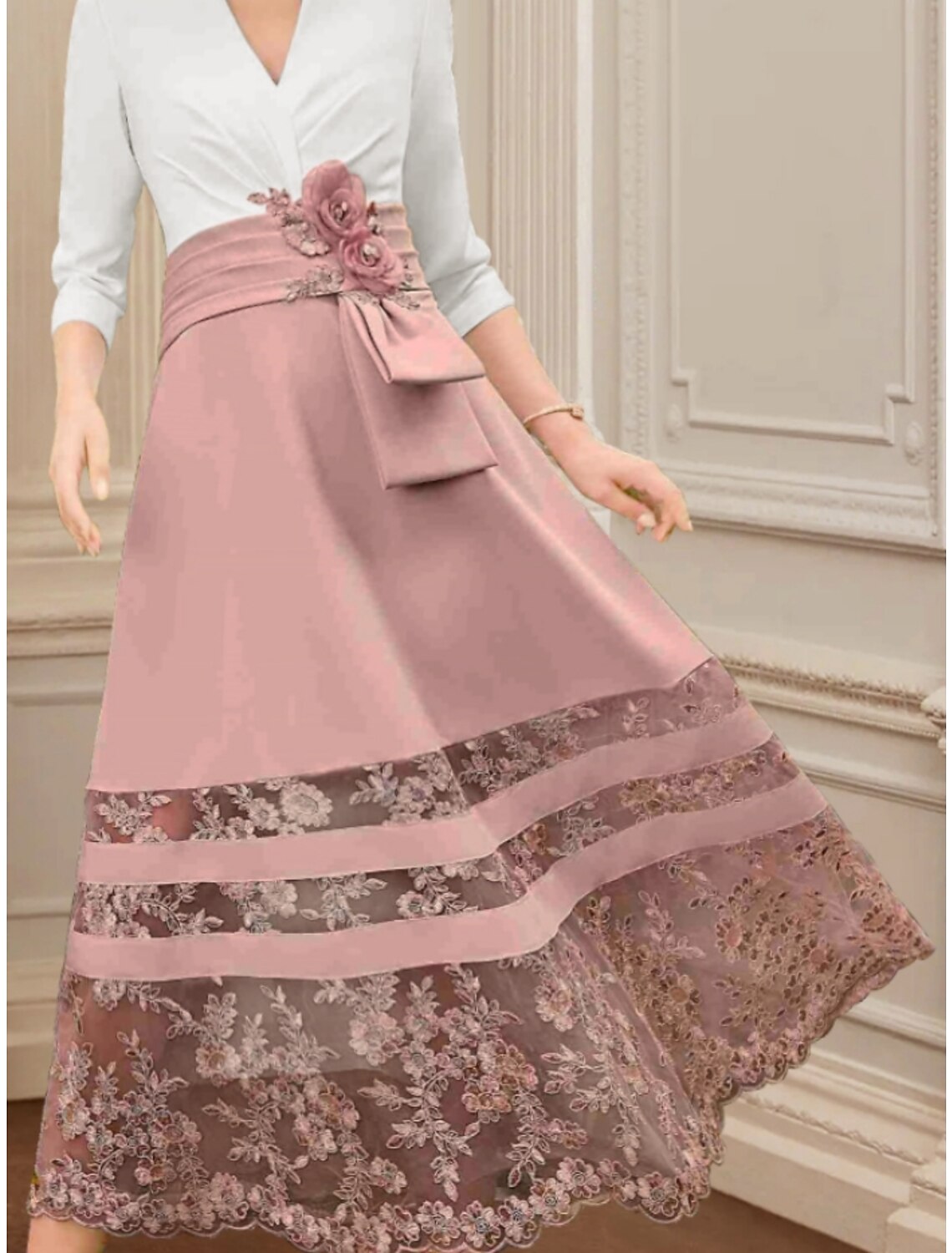 Mother of the Bride Dress Wedding Guest Elegant V Neck Ankle Length 3/4 Length Sleeve with Ruching Flower