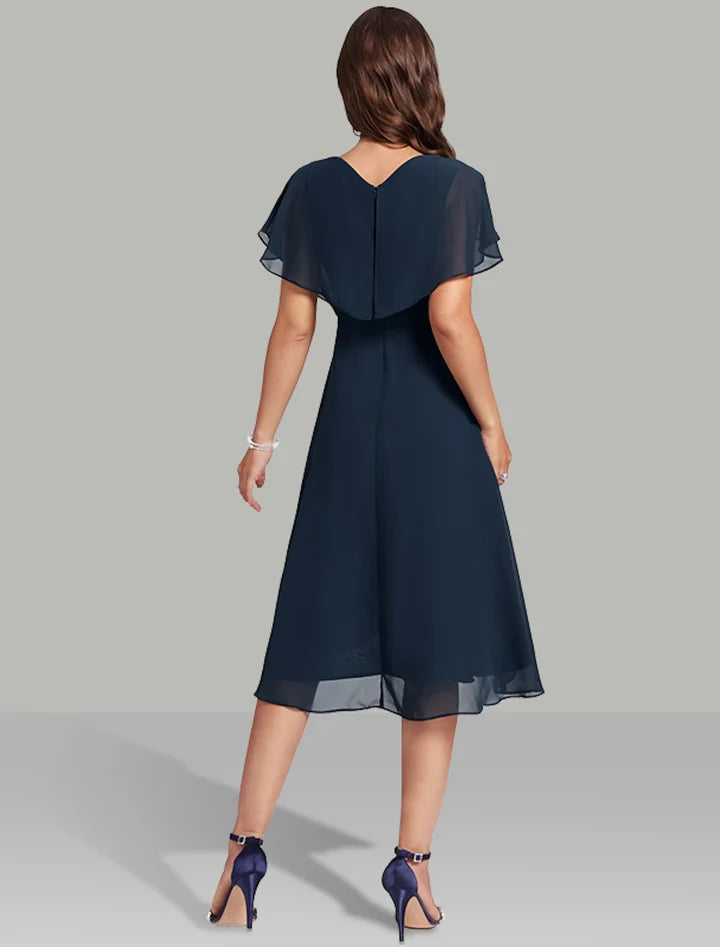 Navy Blue V-Neck Flutter-Sleeve Rhinestone-Waist Hi-Low Midi Evening Dress