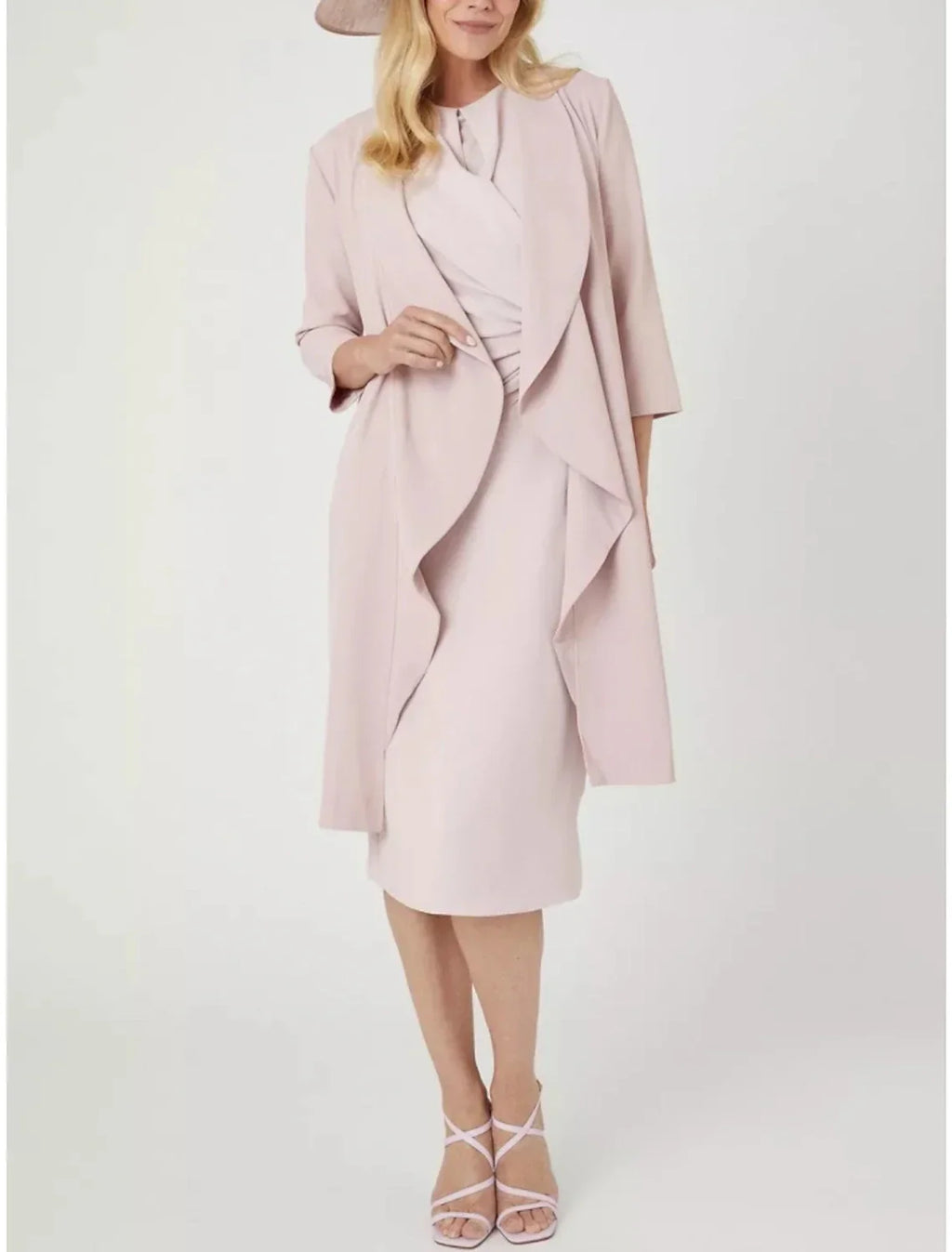 Two Piece Mother of the Bride Dress Wedding Guest Elegant Petite Jewel Neck Knee Length 3/4 Length Sleeve with Split Front Ruching Solid Color