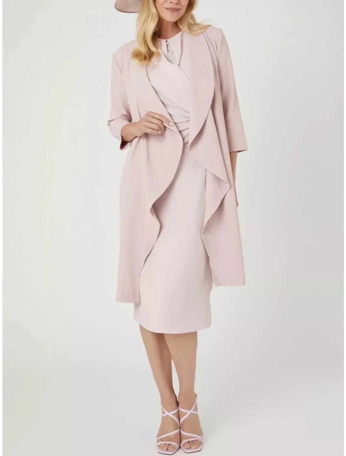 Two Piece Mother of the Bride Dress Wedding Guest Elegant Petite Jewel Neck Knee Length 3/4 Length Sleeve with Split Front Ruching Solid Color