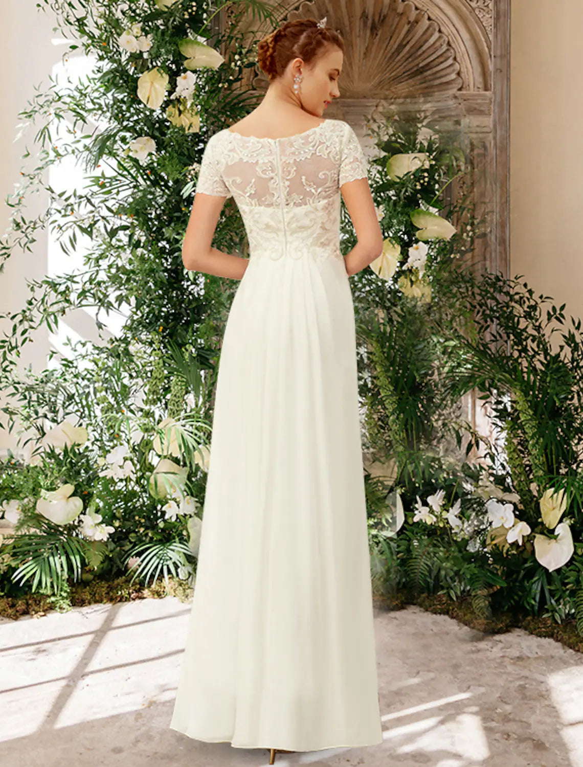 Beach Wedding Dresses Floor Length A-Line Short Sleeve V Neck With Pleats Appliques