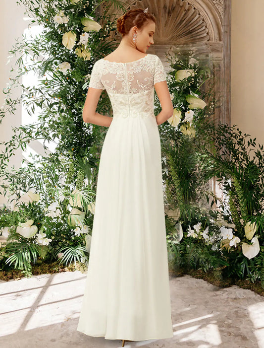 Elegant Red A-Line V-Neck Short-Sleeve Classic-Back Floor-Length Wedding Dress