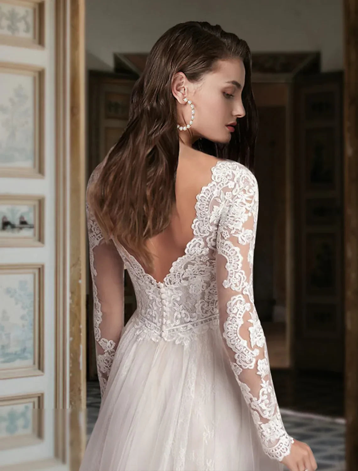 Engagement Formal Wedding Dresses A-Line Long Sleeve V Neck