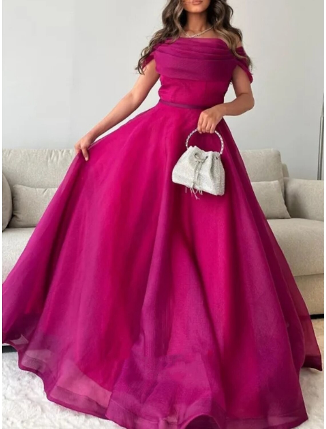 Formal Sweep / Brush Train Short Sleeve Off Shoulder with Pleats Ruched