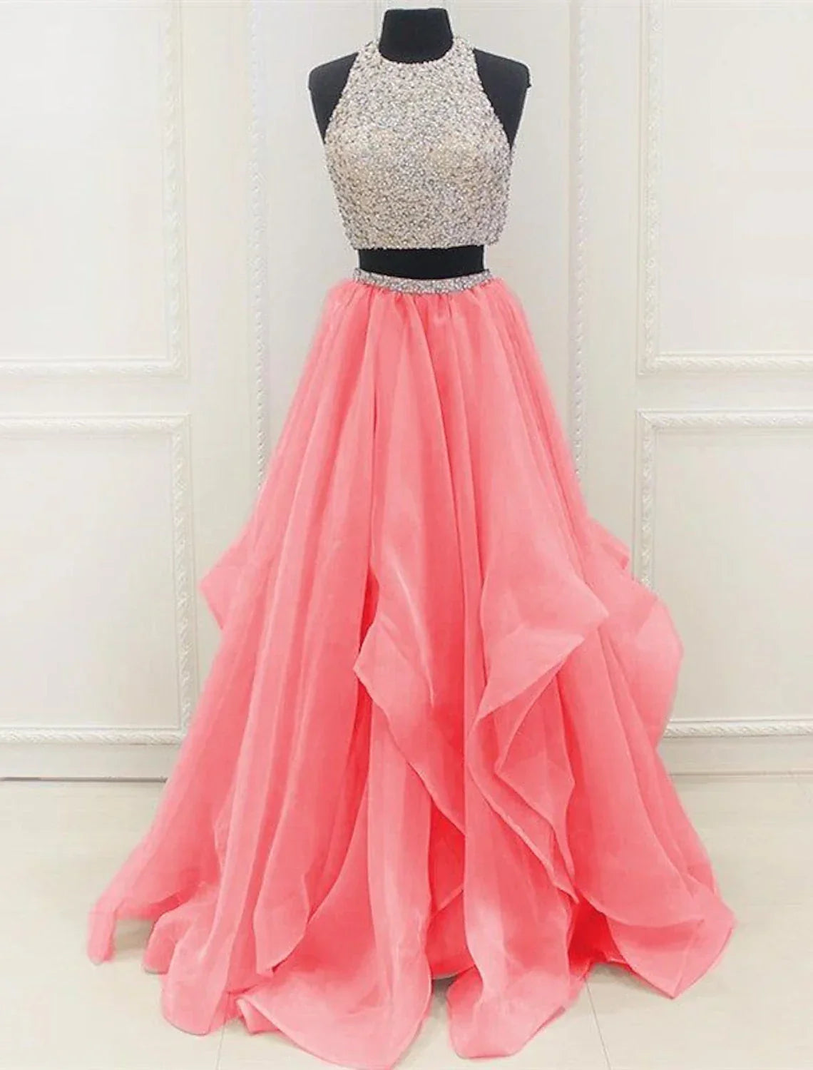 Two Piece Ball Gown Prom Dresses Sparkle & Shine Dress Party Wear Floor Length Sleeveless Halter