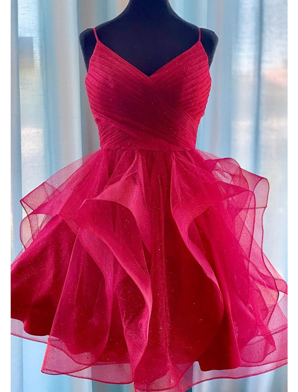 Ball Gown Homecoming Dresses Glittering Mini Dresses Puff Tiered Dresses Sleeveles Spaghetti Strap