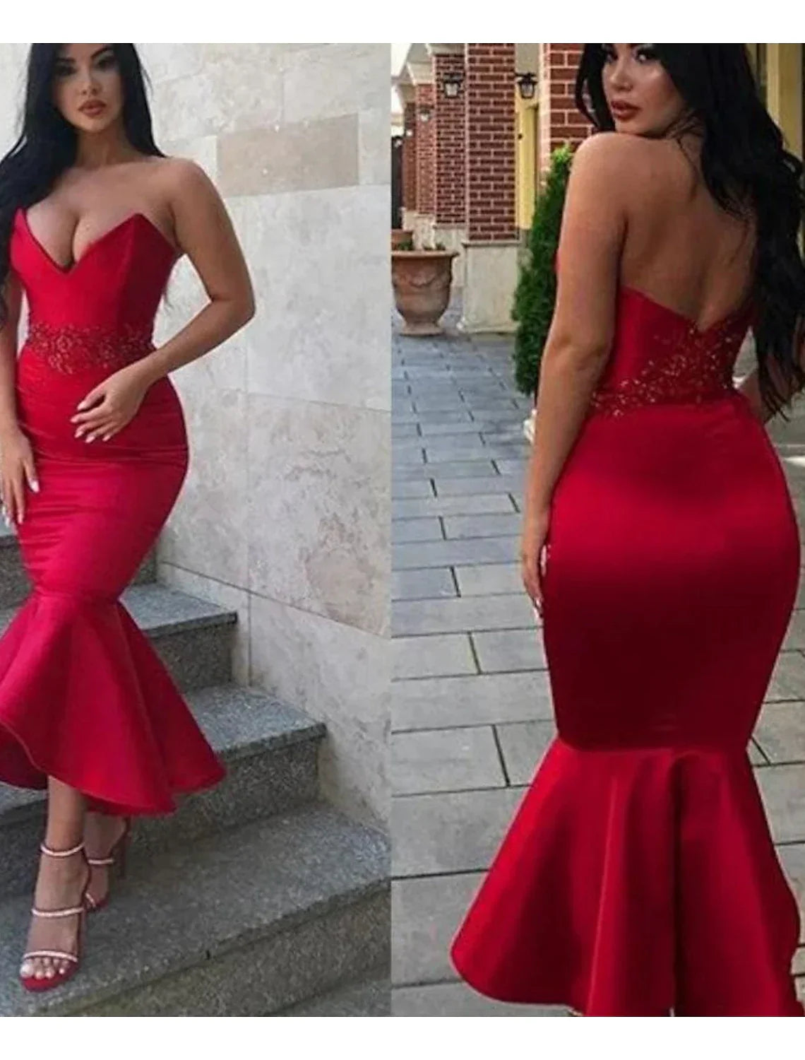 Mermaid / Trumpet Party Dresses Backless Dress Homecoming Cocktail Party Ankle Length Sleeveless V Neck Italy Backless with Appliques