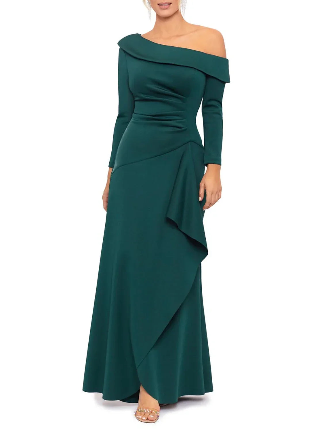 Mother of the Bride Dress Formal Wedding Guest Party Elegant One Shoulder Floor Length Half Sleeve with Pleats Split Front