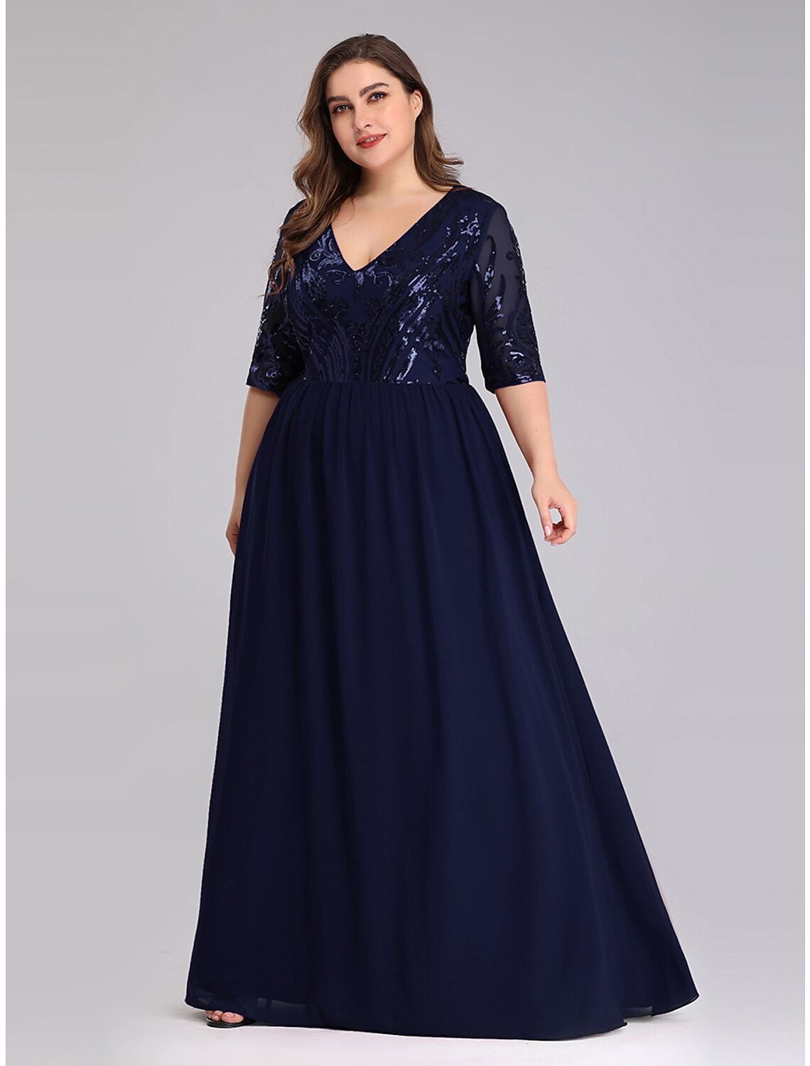 Plus Size Dress Wedding Guest Floor Length Half Sleeve Plunging Neck