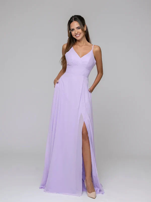 V Neck Spaghetti Strap Bridesmaid Dresses With Slit