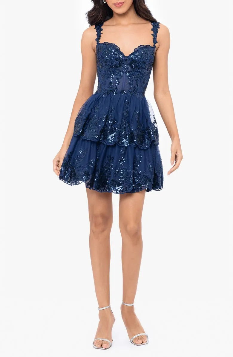 Navy Blue Homecoming Dress Spaghetti Strap with Scalloped Edges Tiered Skirt for School Dances