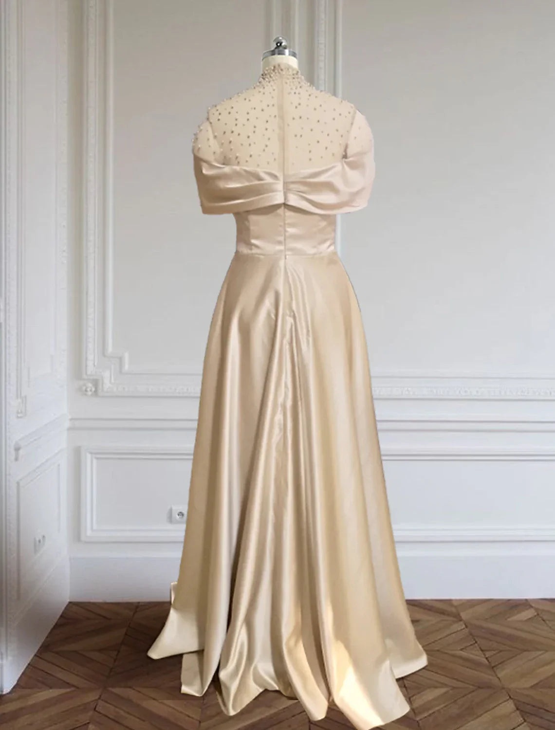 Green Evening Gown Elegant Dress Formal Christmas Red Dress Floor Length Short Sleeve Illusion Neck with Ruched Beading
