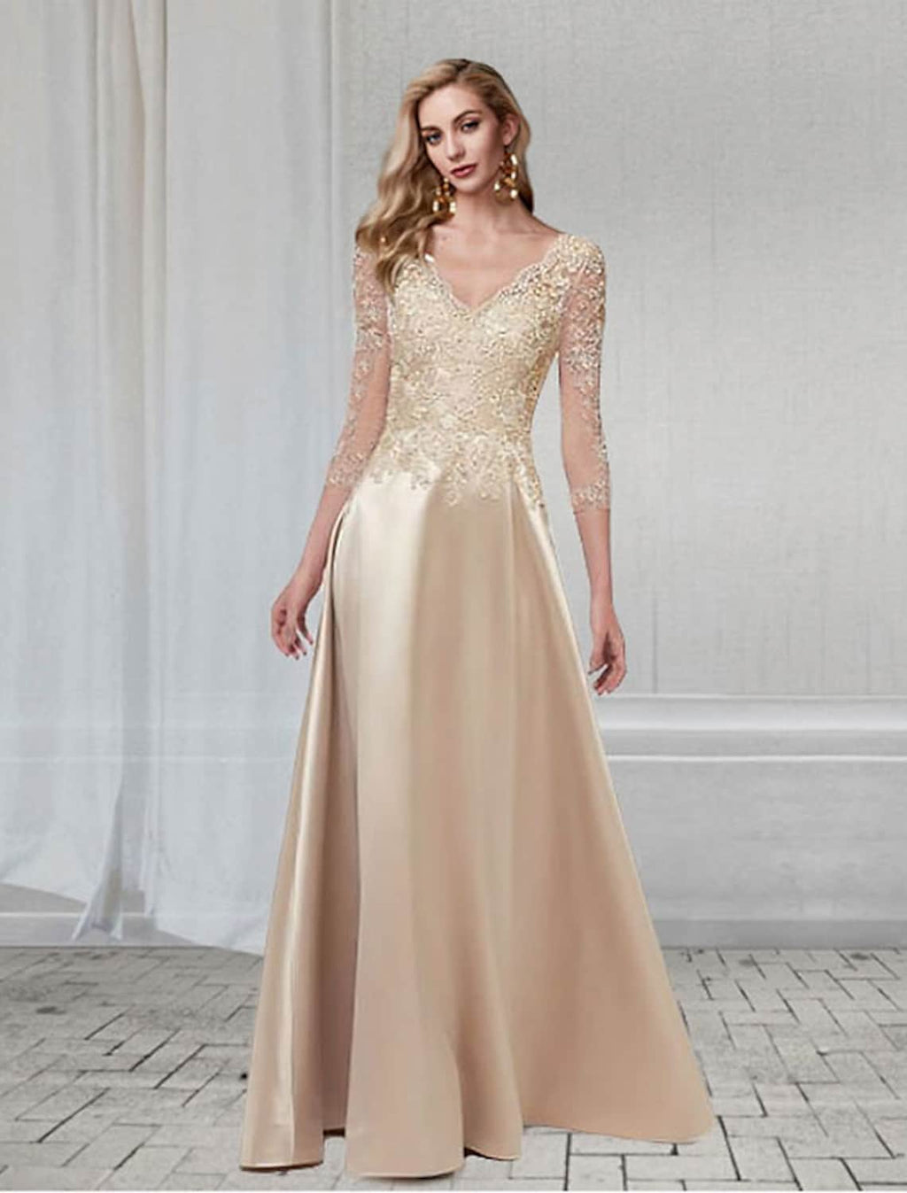 Wedding Guest Formal Evening Dress V Neck Length Sleeve Floor Length with Appliques