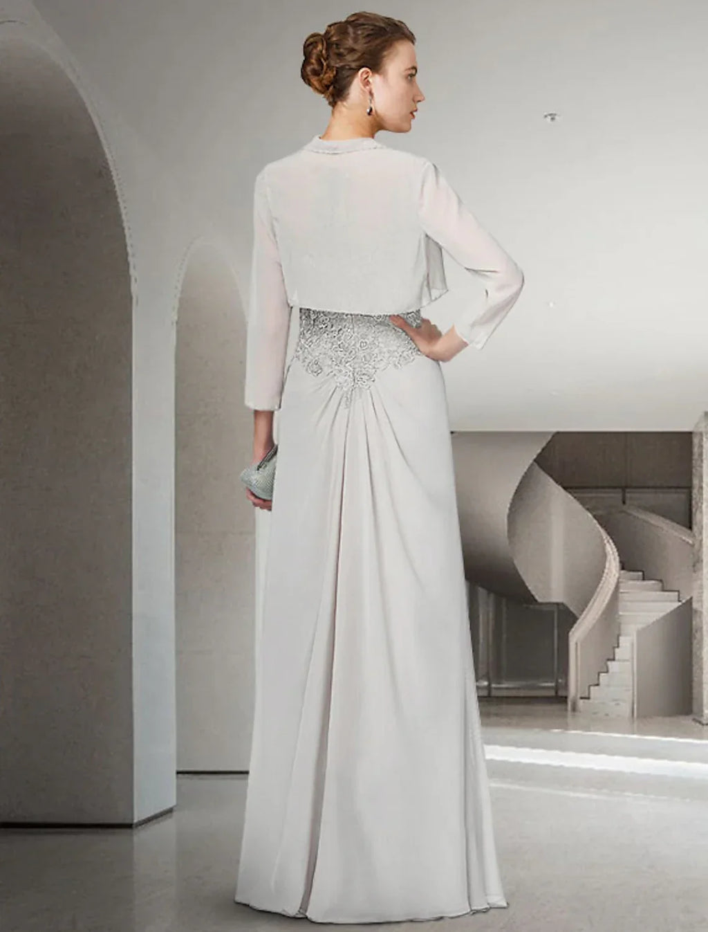 Two Piece Sheath / Column Mother of the Bride Dress Elegant Jewel Neck Floor Length 3/4 Length Sleeve Wrap Included with Ruffles Appliques