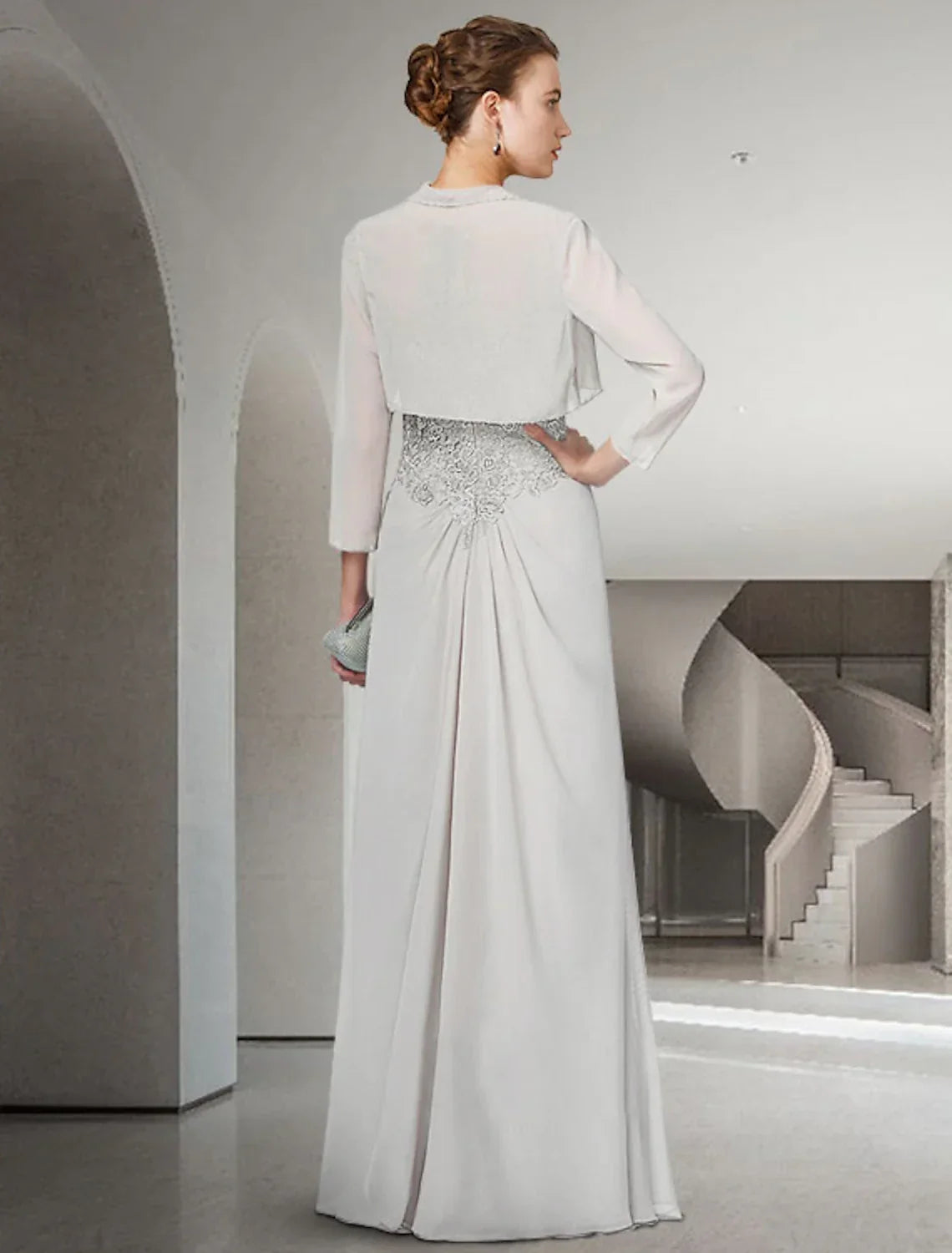 Two Piece Sheath / Column Mother of the Bride Dress Elegant Jewel Neck Floor Length 3/4 Length Sleeve Wrap Included with Ruffles Appliques