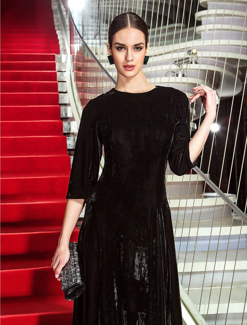Celebrity Style Dress Wedding Guest Floor Length 3/4 Length Sleeve Jewel Neck with Pleats