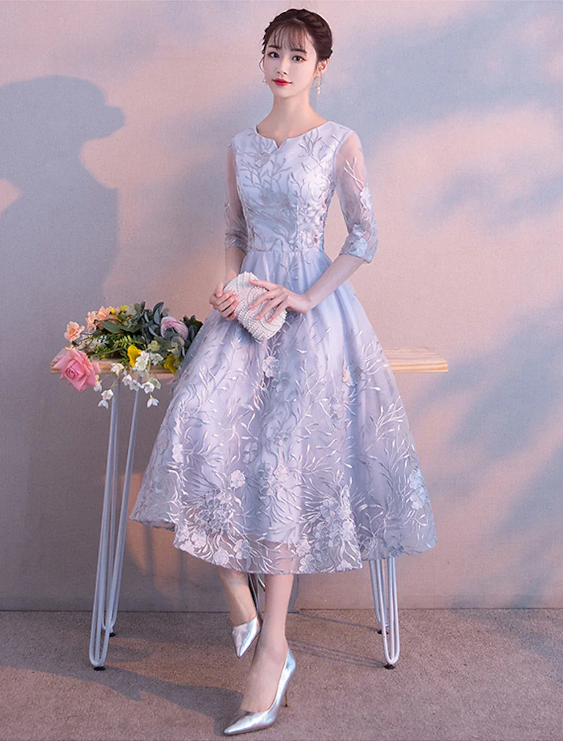 Cocktail Party Prom Dress Jewel Neck 3/4 Length Sleeve Tea Length with Insert Pattern / Print Appliques