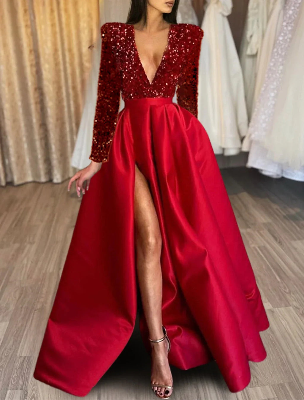 Black Evening Gown Christmas Red Green Dress Formal Dress Plus Size Wedding Court Train Half Sleeve V Neck with Slit