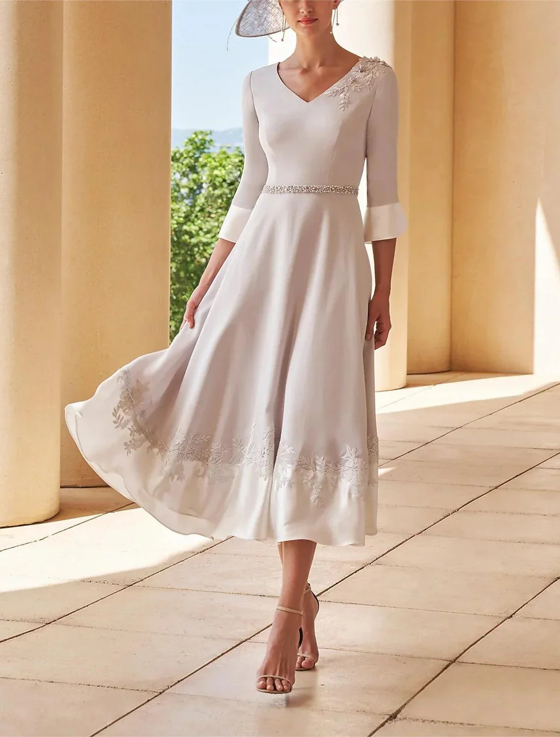 Mother of the Bride Dress Formal Wedding Guest Elegant V Neck Tea Length Half Sleeve with Crystals Color Block