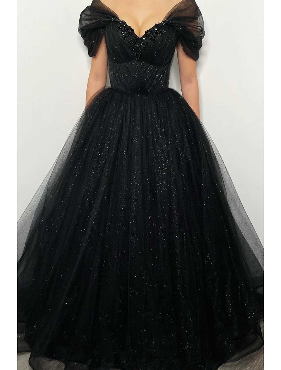 Black Formal Floor Length Dress Short Sleeve Off Shoulder with Pleats Beading