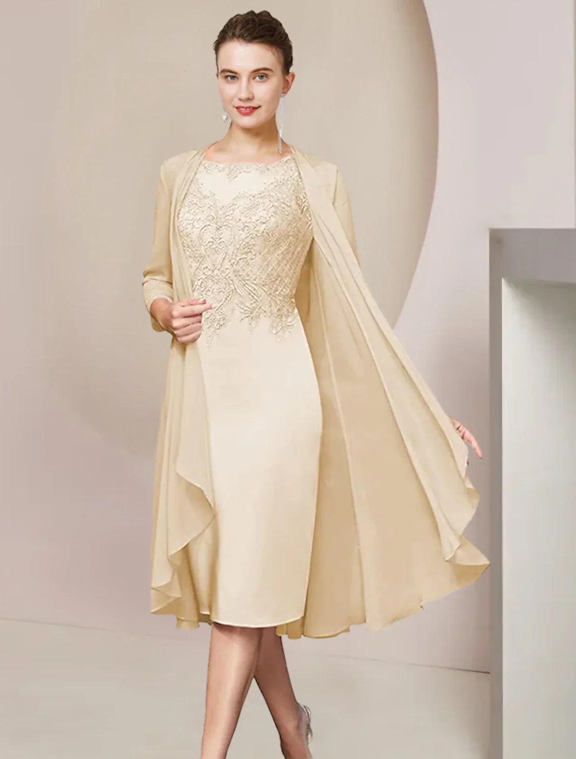 Two Piece Sheath / Column Mother of the Bride Dress Formal Wedding Guest Elegant Scoop Neck Knee Length Half Sleeve Jacket Dresses with Appliques