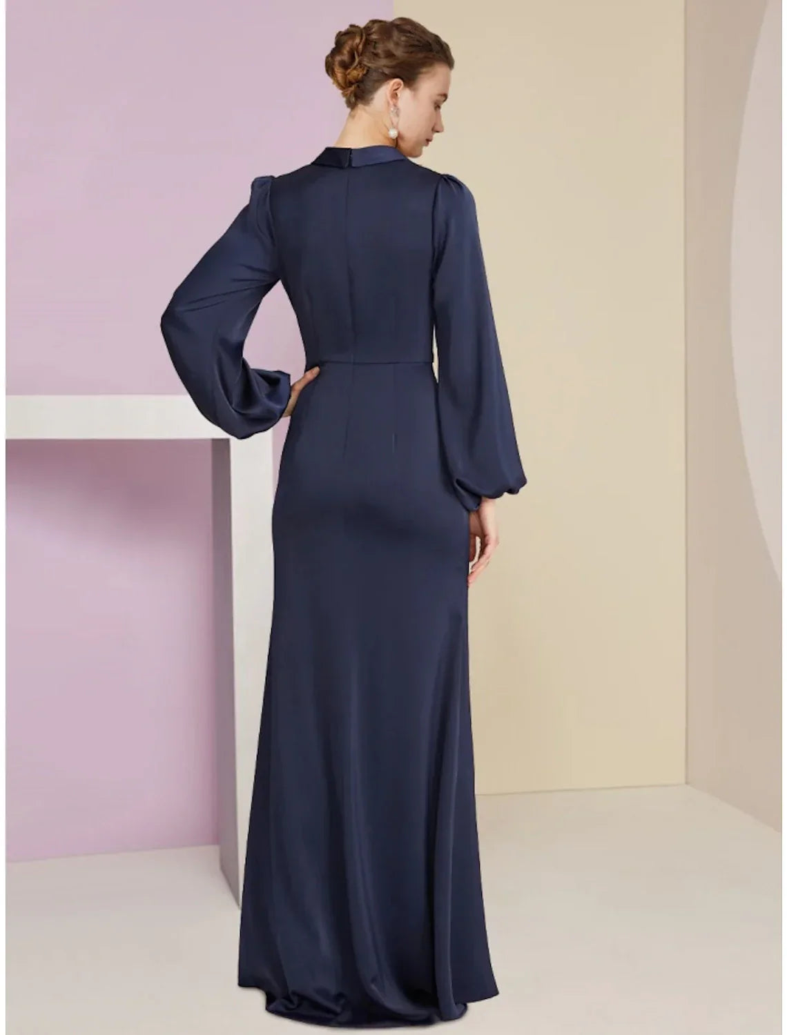 Sheath / Column Mother of the Bride Dress Wedding Guest Elegant V Neck Floor Length Long Sleeve with Split Front Ruching