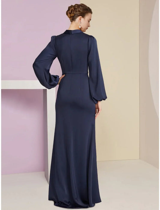 Luxurious Red Slit A-Line V-Neck Long-Sleeve Classic-Back Floor-Length Mother-of-the-Bride Dress