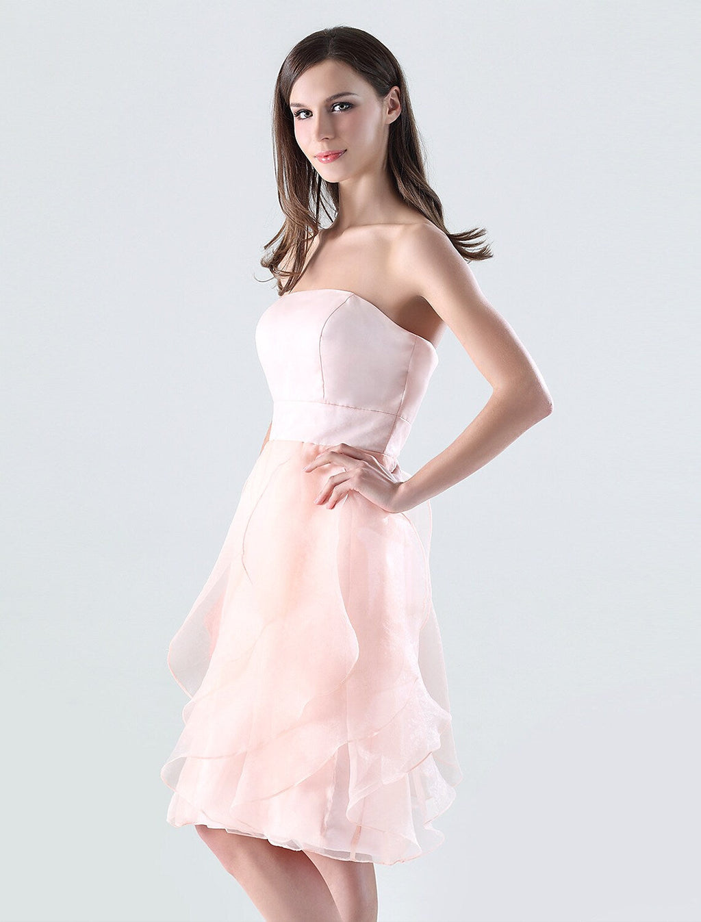 Bridesmaid Dress Strapless Sleeveless Open Back Knee Length with Ruffles