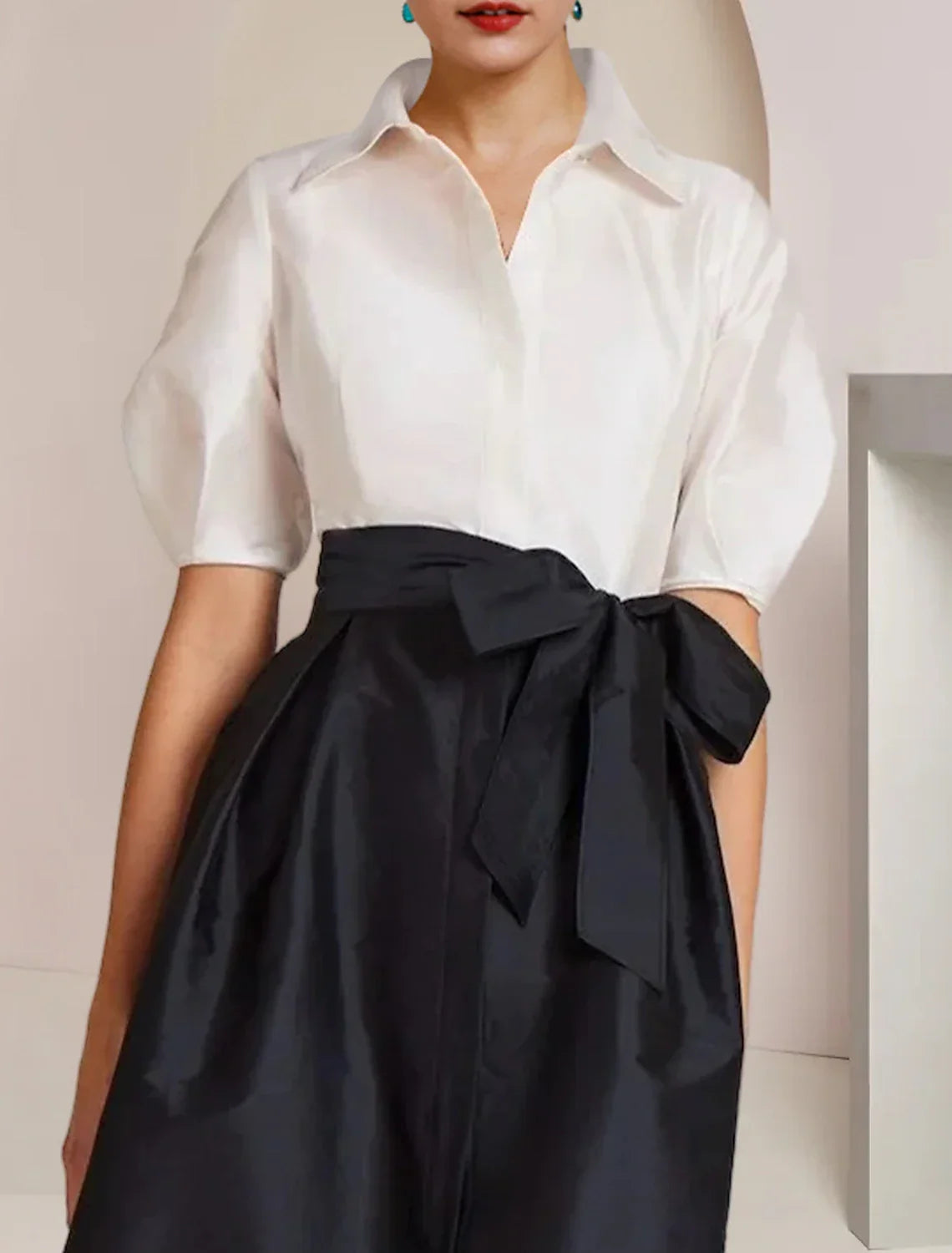 Mother of the Bride Dress Formal Wedding Guest Party Elegant Shirt Collar Floor Length Taffeta Short Sleeve with Bow(s) Color Block