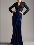 Sheath / Column Mother of the Bride Dress Wedding Guest Elegant V Neck Floor Length Long Sleeve with Ruching