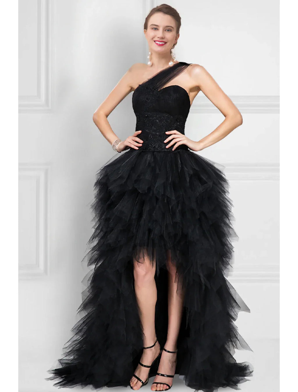 Black Ball Gown Prom Dresses Dress Masquerade Asymmetrical Sleeveless One Shoulder Ladder Back with Pure Color