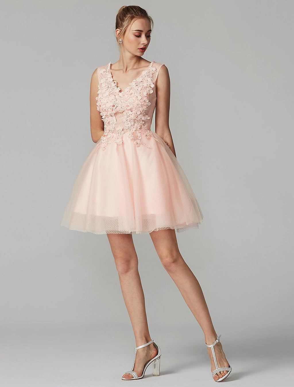 Homecoming Graduation Short / Mini Sleeveless V Neck Over with Crystals Appliques