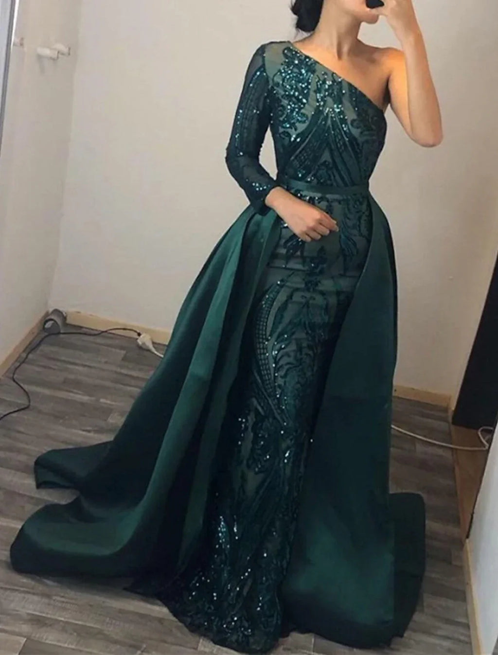Mermaid / Trumpet Evening Gown Elegant Dress Formal Wedding Court Train Long Sleeve One Shoulder Detachable