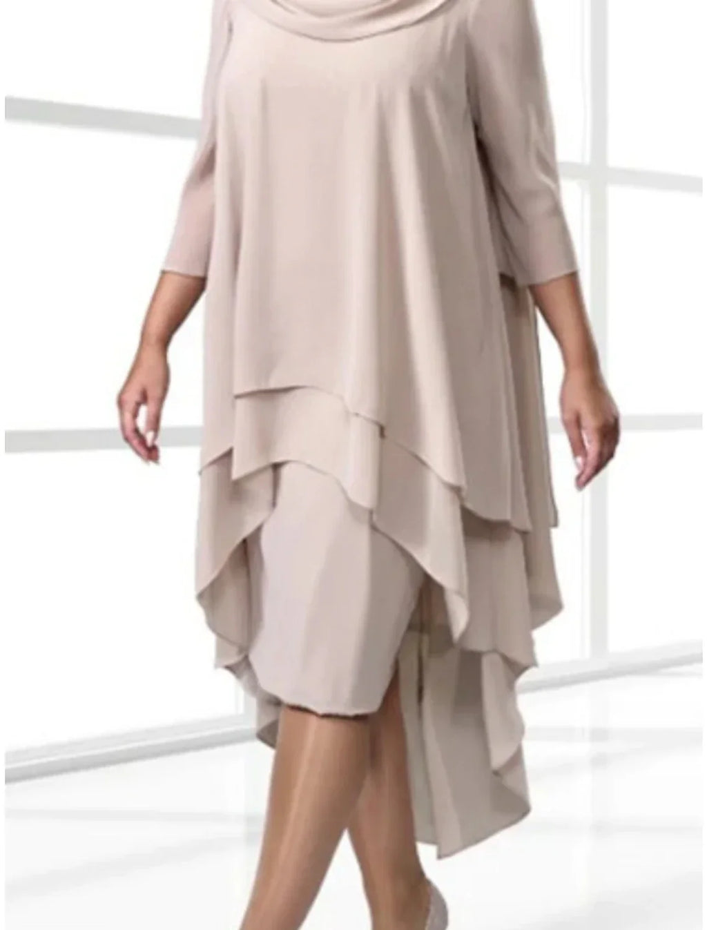 Sheath / Column Mother of the Bride Dress Wedding Guest Simple Scoop Neck Asymmetrical 3/4 Length Sleeve with Ruching Solid Color
