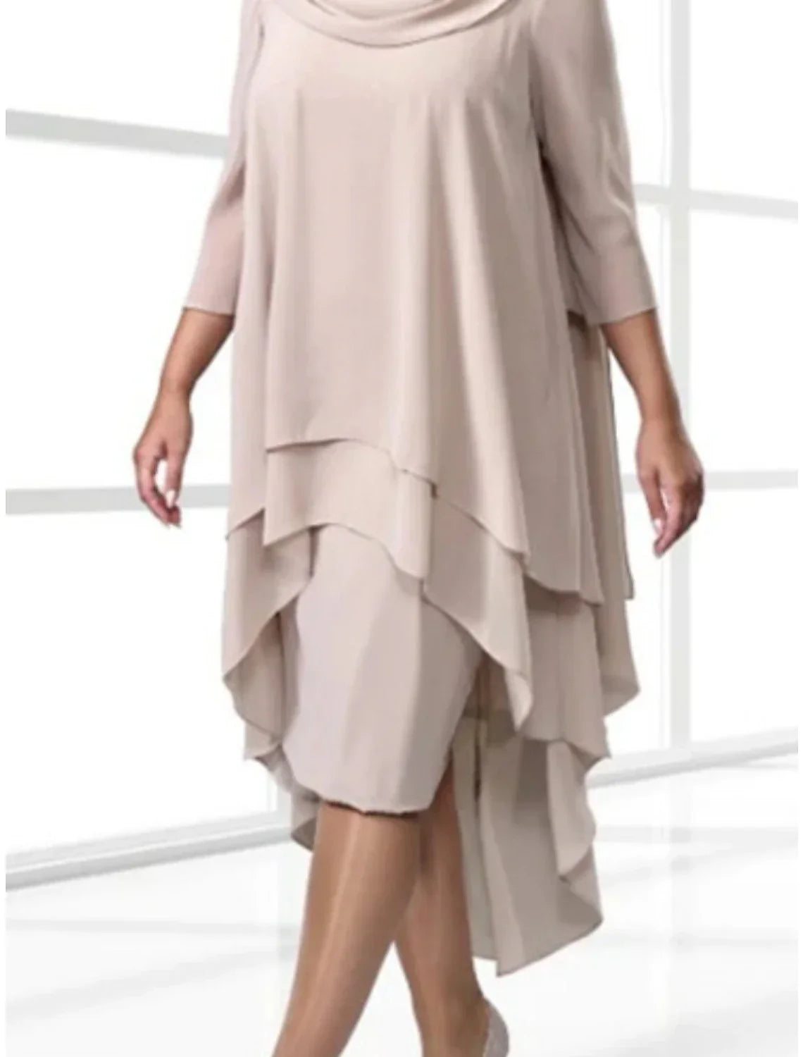 Sheath / Column Mother of the Bride Dress Wedding Guest Simple Scoop Neck Asymmetrical 3/4 Length Sleeve with Ruching Solid Color