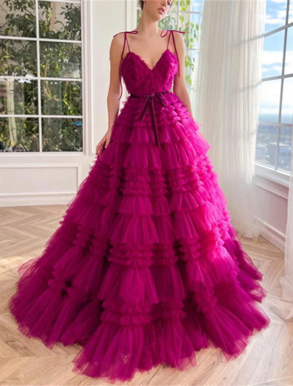 Ball Gown Evening Gown Puffy Dress Wedding Party Birthday Floor Length Sleeveless Spaghetti Strap with Ruffles Strappy
