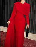 Black Sheath / Column Red Christmas Red Green Dress Evening Gown Elegant Cape Dress Formal Fall Sweep / Brush Train Long Sleeve Cowl Neck Fabric with Buttons