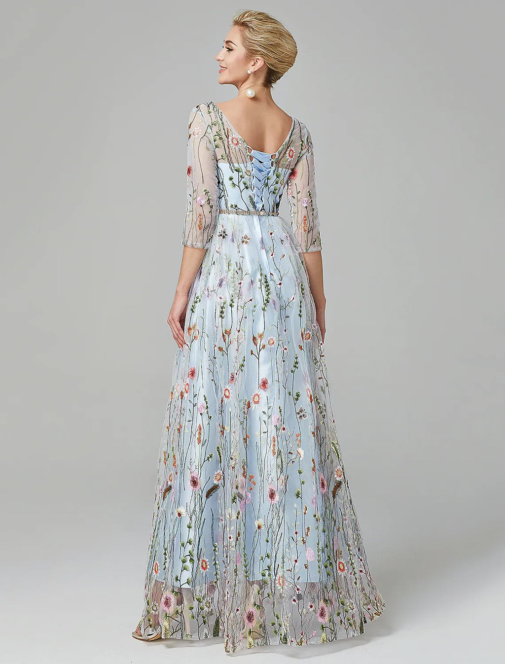 Evening Gown Elegant Dress Floor Length Sleeve with Embroidery