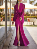 Sheath Evening Gown High Split Dress Formal Wedding Guest Floor Length Long Sleeve V Neck with Slit Strappy