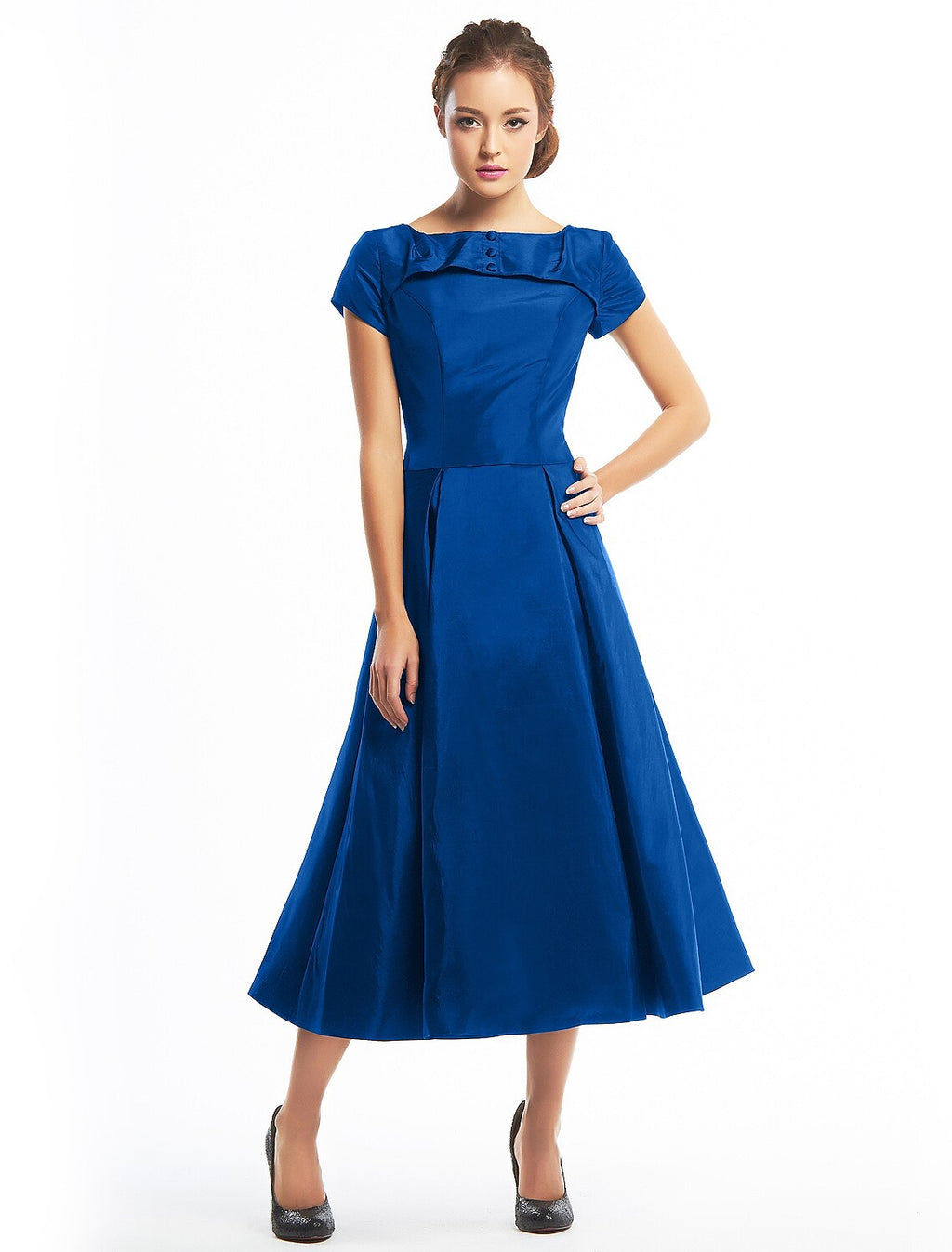 Vintage Dress Homecoming Short Sleeve Boat Neck Taffeta Buttons