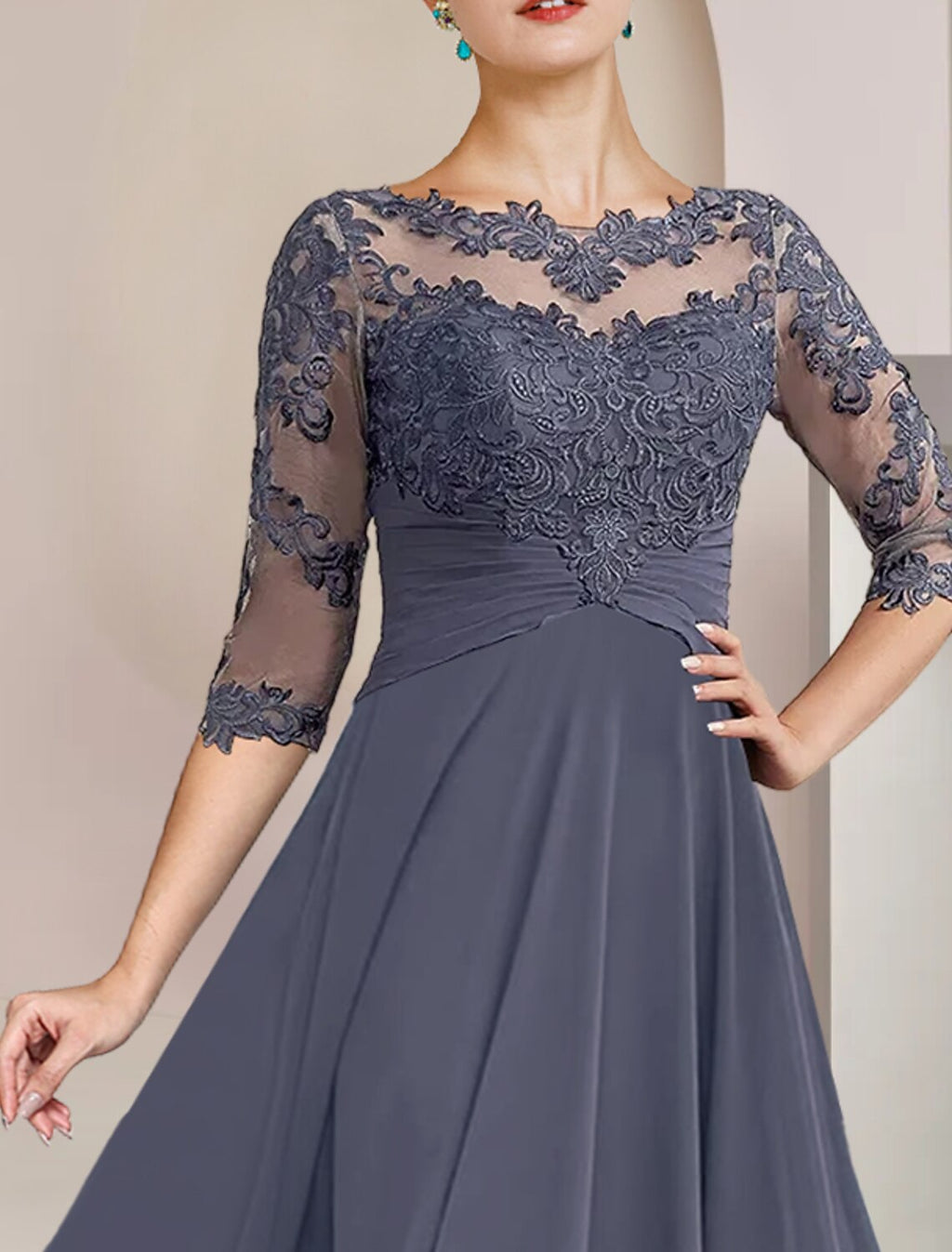Two Piece A-Line Mother of the Bride Dress Formal Wedding Guest Elegant Scoop Neck Tea Length 3/4 Length Sleeve Wrap Included with Appliques Ruching