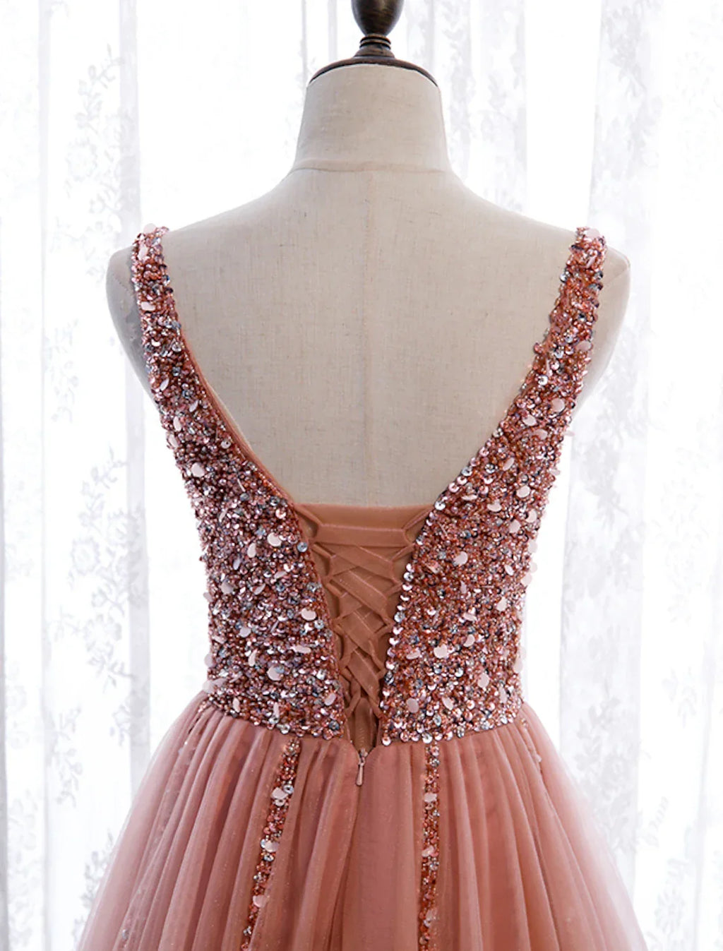 Party Wear Court Train Sleeveless V Neck with Pearls Embroidery