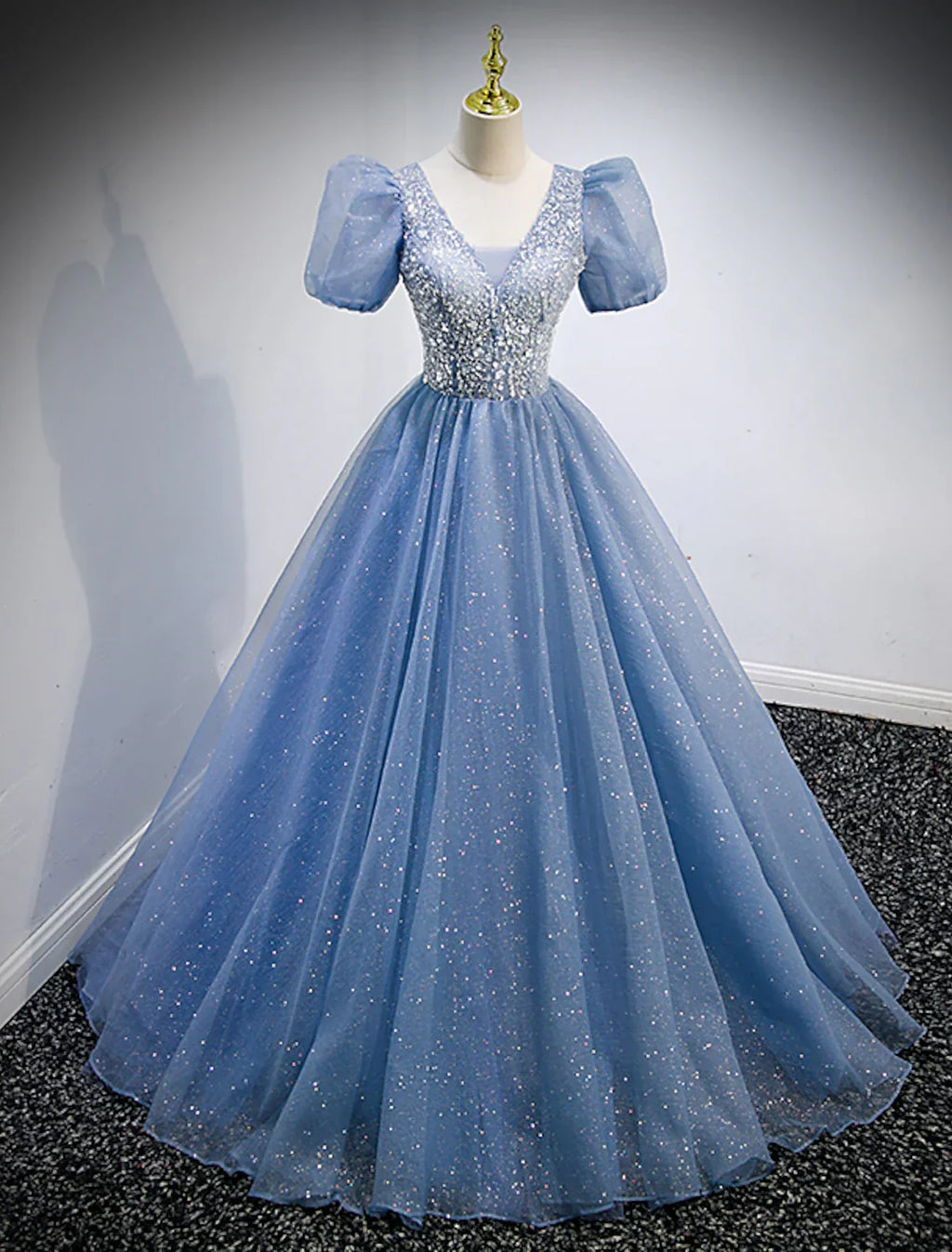 Puffy Dress Quinceanera Floor Length Short Sleeve V Neck