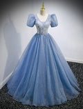 Puffy Dress Quinceanera Floor Length Short Sleeve V Neck