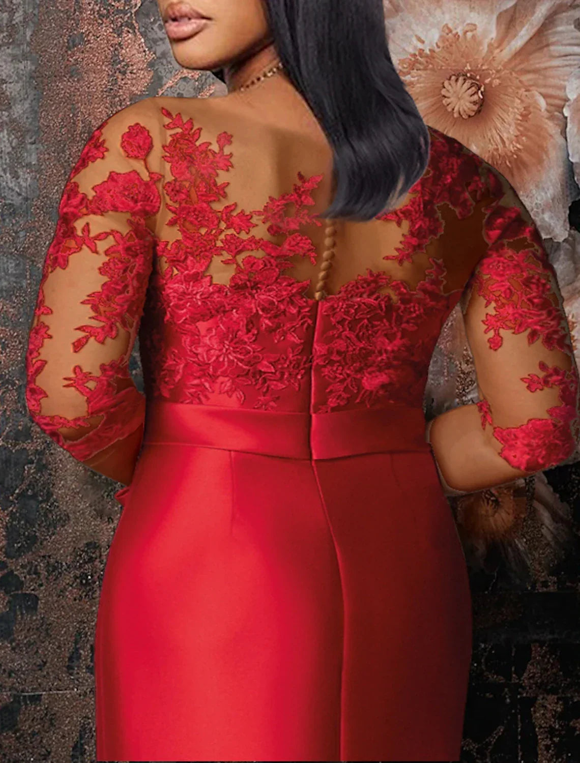 Green Mermaid Red Dress Plus Size Curve Formal Dresses Plus Size Dress Formal Wedding Guest Floor Length Half Sleeve Jewel Neck with Appliques Strappy