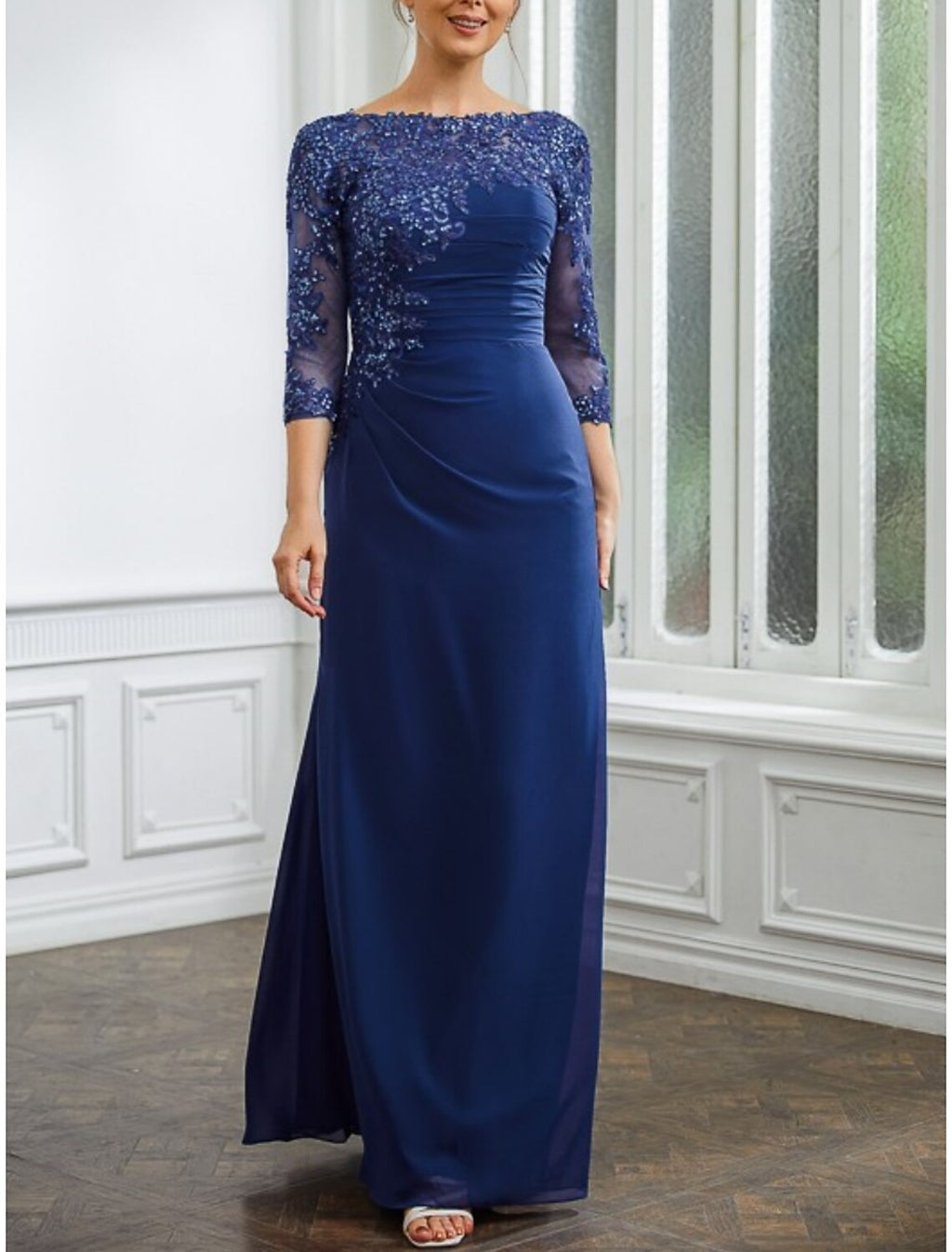 Mother of the Bride Dress Wedding Guest Elegant Scoop Neck Ankle Length Half Sleeve with Ruching