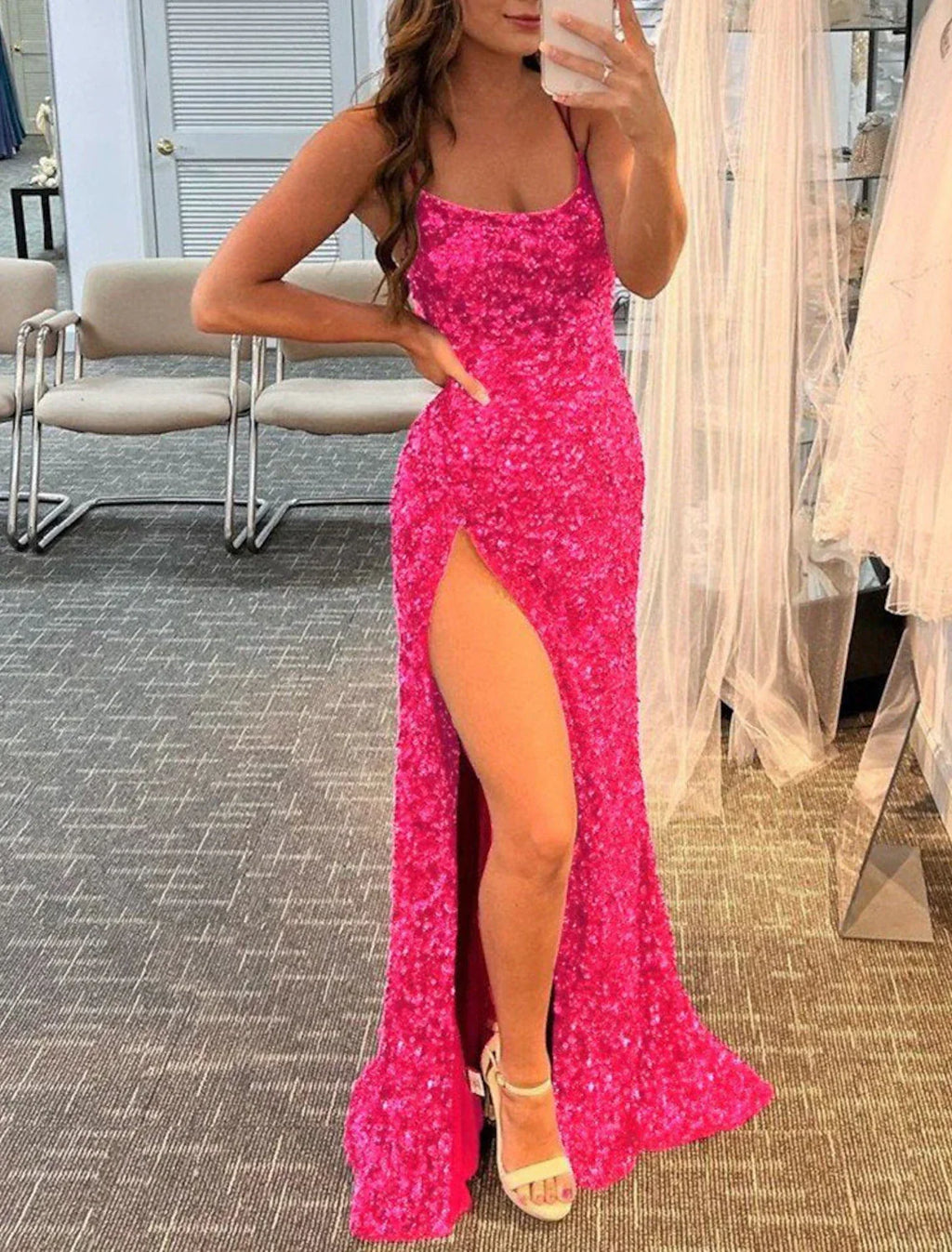 Mermaid / Trumpet Prom Dresses Sparkle & Shine Dress Wedding Guest Party Wear Floor Length Sleeveless Spaghetti Strap with Slit