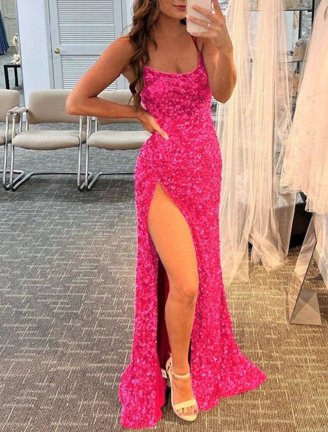 Mermaid / Trumpet Prom Dresses Sparkle & Shine Dress Wedding Guest Party Wear Floor Length Sleeveless Spaghetti Strap with Slit