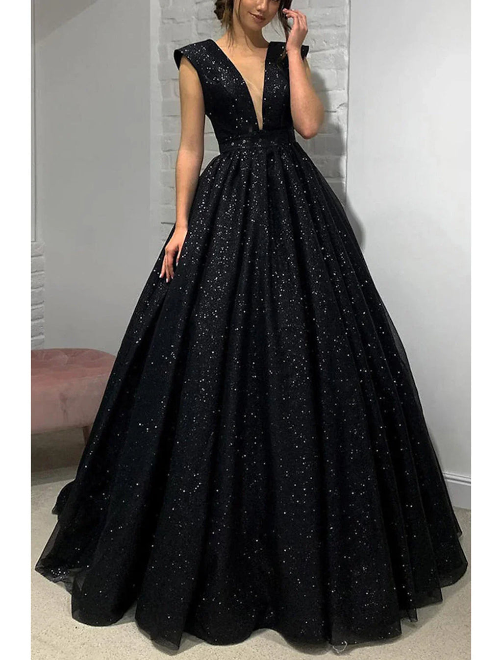 Ball Gown A-Line Prom Dresses Sparkle & Shine Dress Formal Sweep / Brush Train Sleeveless V Neck Wednesday Addams Family Backless with Pleats